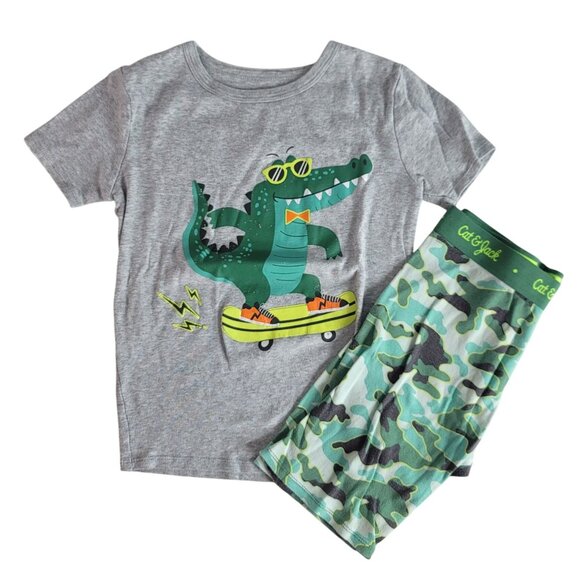 2/$15 Cat & Jack Pajama Set Gray SZ 8 Shorts Short Sleeves Alligator Skateboard - Picture 1 of 9
